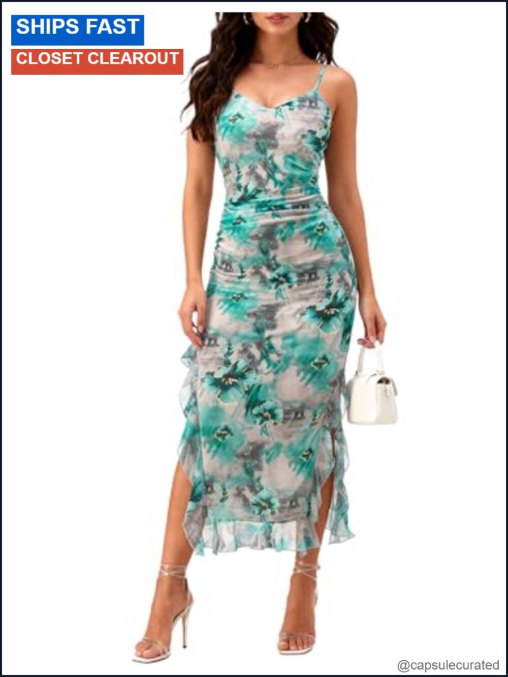 Women's Floral Maxi Dress Spaghetti Strap Mesh Ruched Slit Wedding Guest